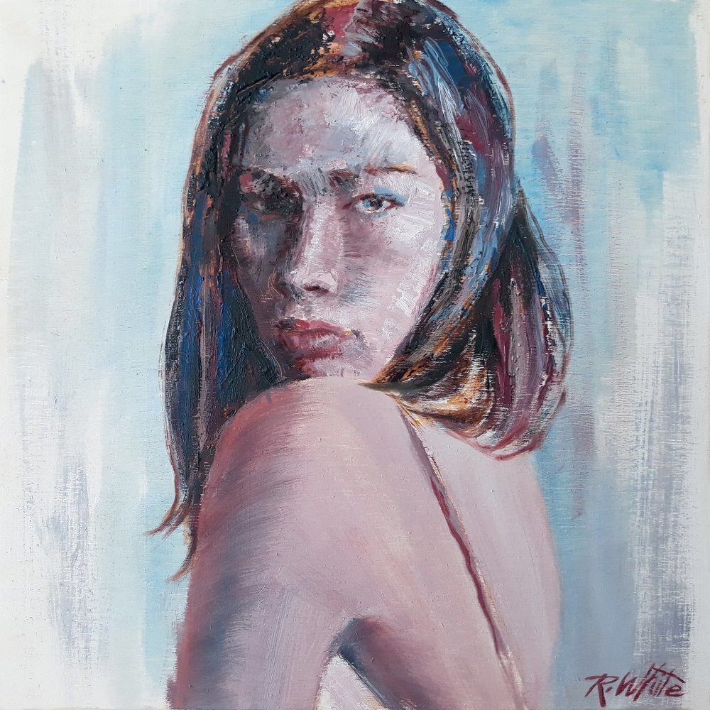 "Cold Shoulder" Painting, Oil on Wood, 9.8" W x 9.8" H x 0.8" D in